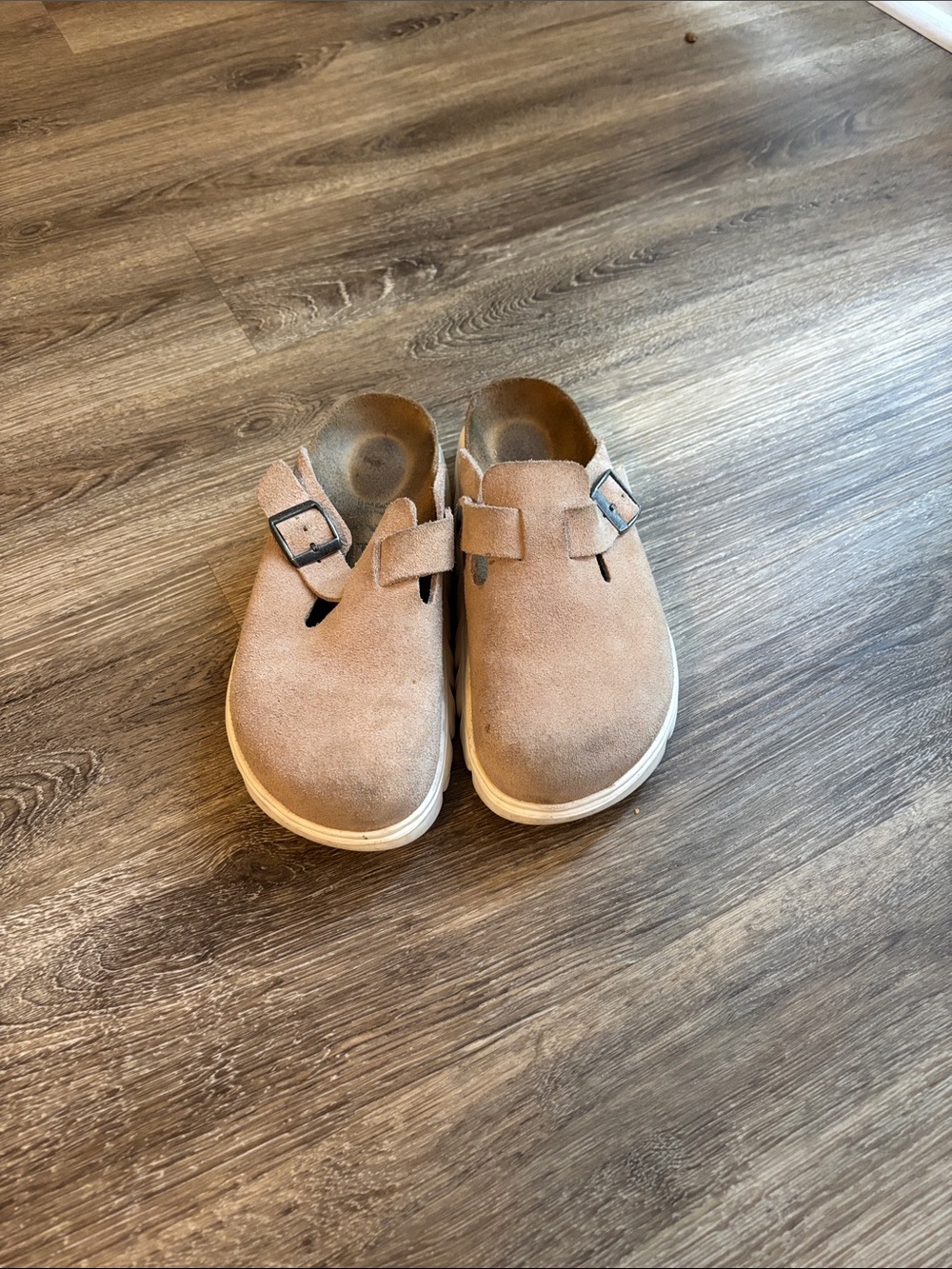 women's Suede Slip-On Clog in Light Brown with Buckle